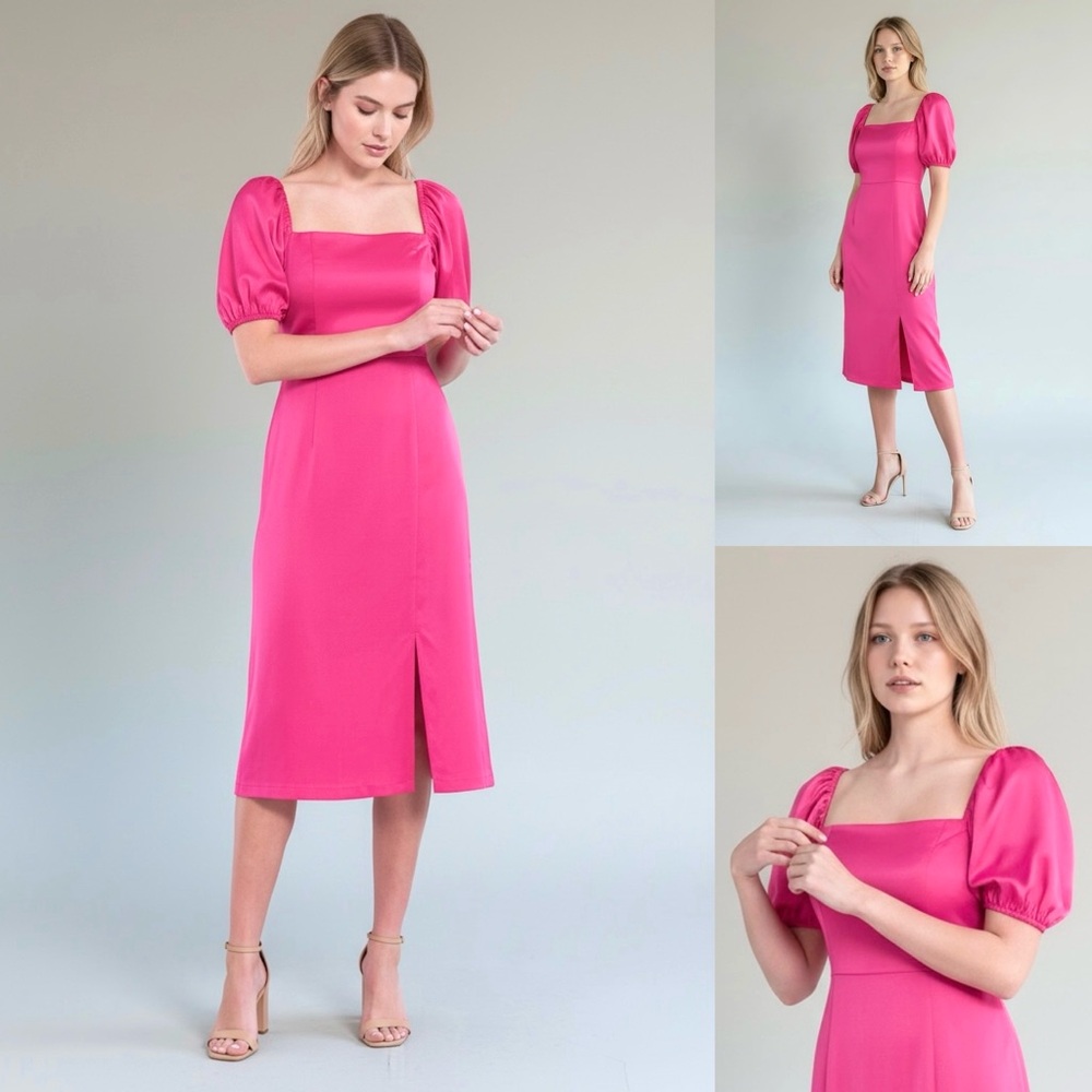 SACHIN & BABI Satin Midi Dress Short Puff Sleeve Square Neck Slit Hem Lined Zip